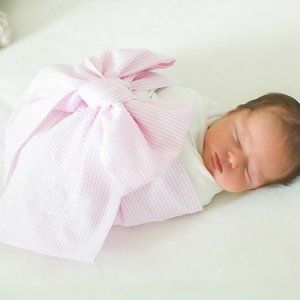 Pink or Blue Seersucker Baby Bow Swaddle Sash